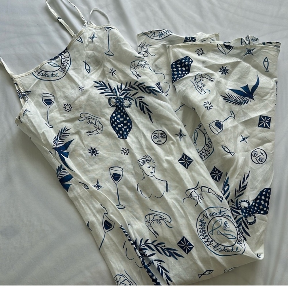 VRG Girl Mediterranean Print White Linen Maxi Dress